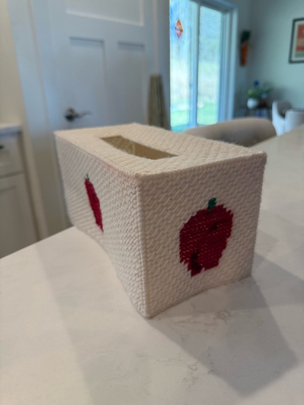 Cream needlepoint Apple Tissue Box Cover with Red Apple Motif